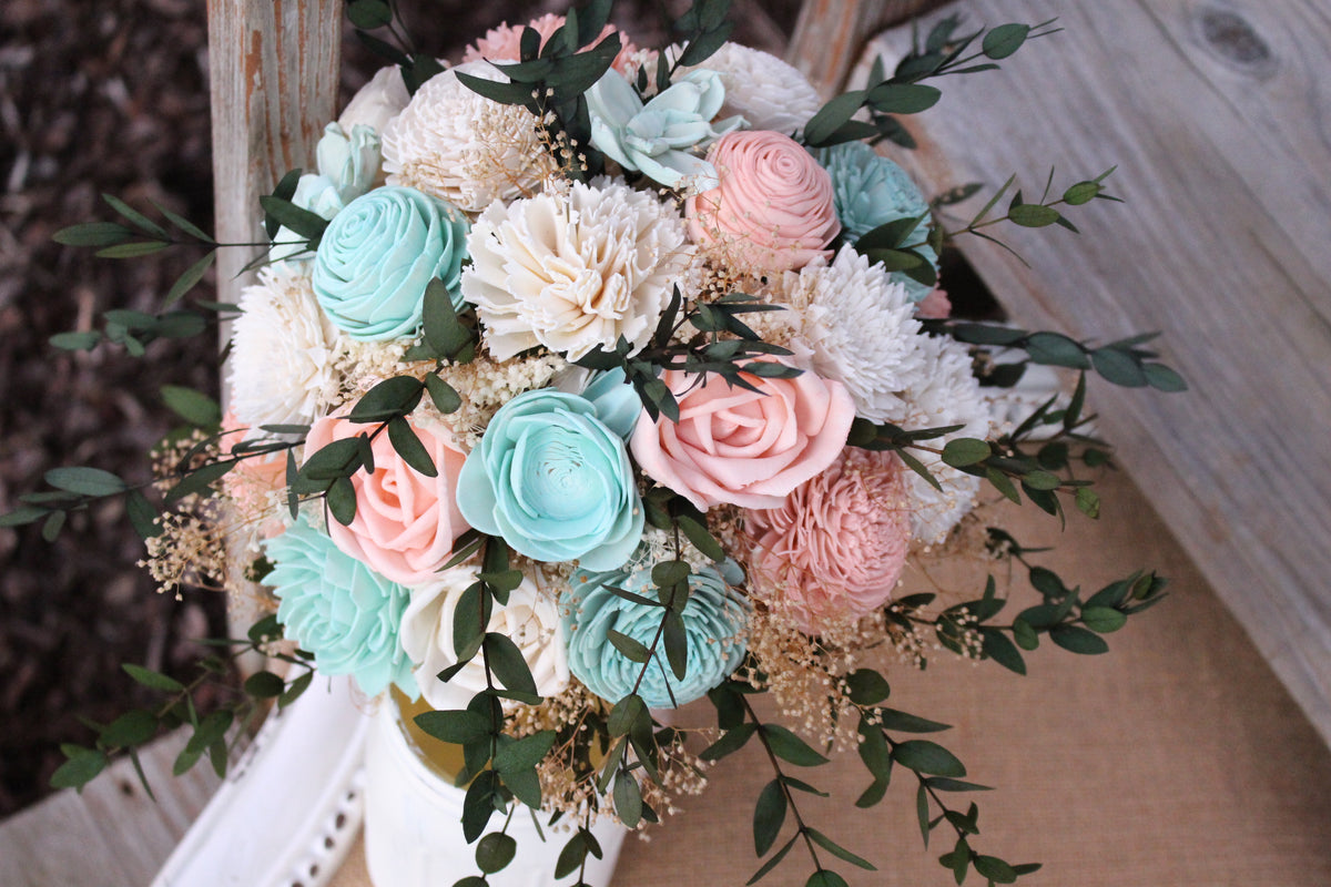 Wedding Bouquet - Peach/Blush/Blue - Dried Flowers Forever