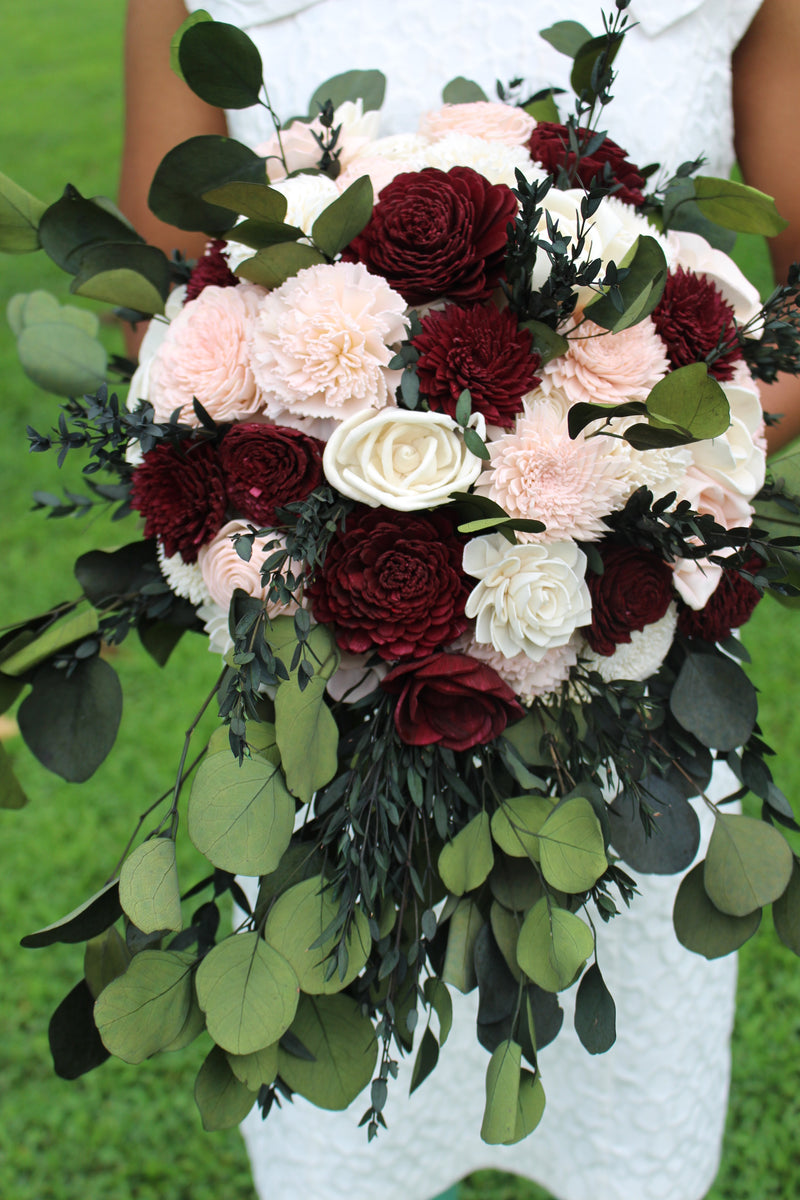 Wine blush store and burgundy cascading bouquet, wedding bouquet, sola wood flowers