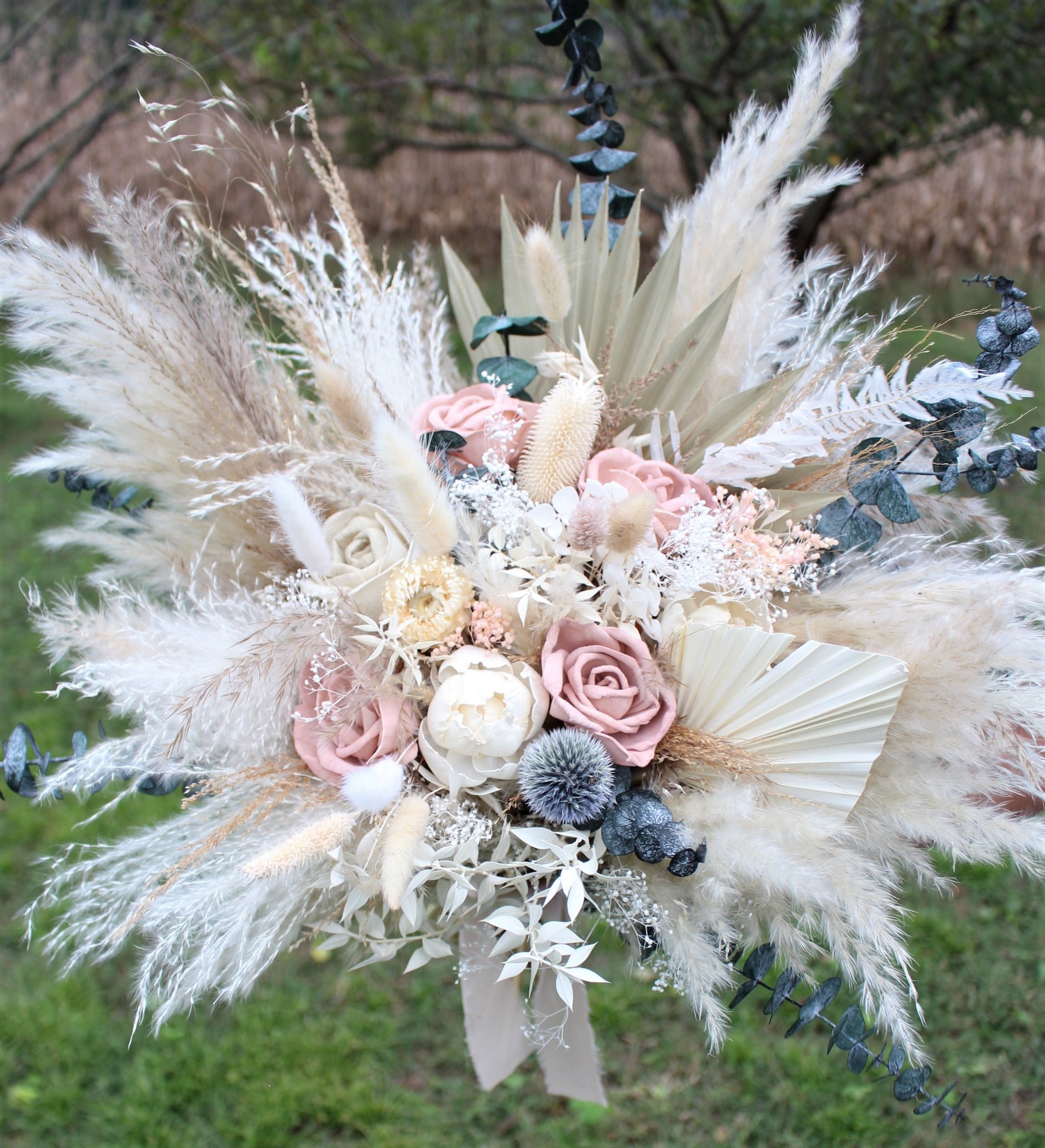 Boho high quality Hoop Wreath with Blush Pink Dried Palms, Pampas Grass and Sola Wood Flowers